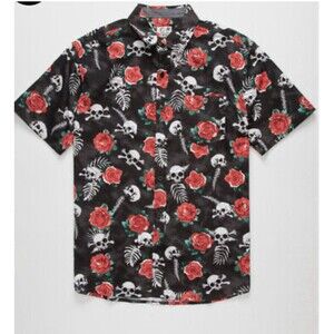 W.E.I. Rose N Bones Tilly’s Mens Black Button Up Shirt Skeleton Skulls Size XL